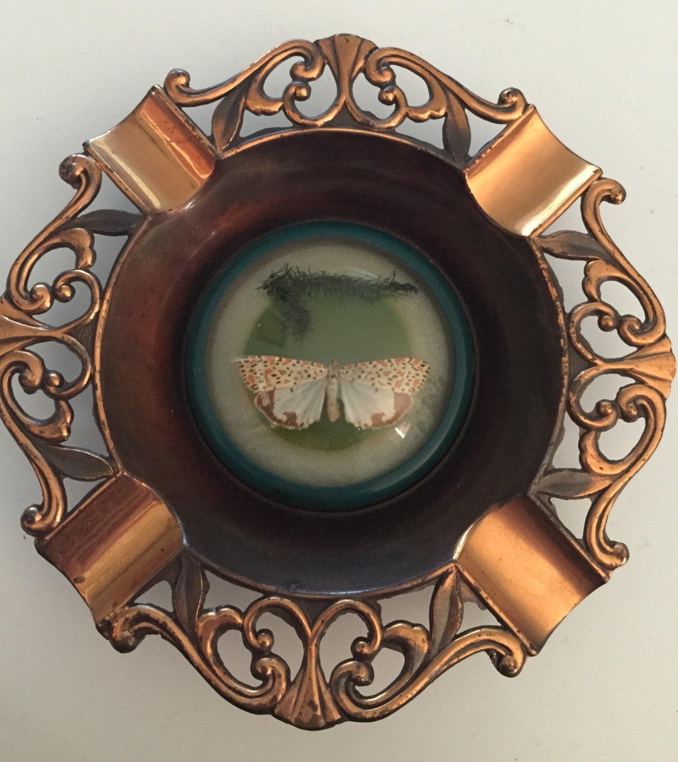Vintage Brass Metal Ashtray Butterfly Under Dome Glass
