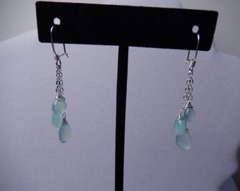 Aqua Blue Chalcedony 3 Stone Dangle Earrings