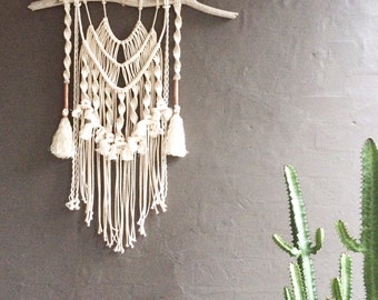 Macrame Wall Hanging || Natural Cotton + Copper on Driftwood with Tassels + Frilly Fringing || Boho Luxe, Nursery Art, Gypsy Decor