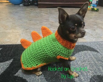 Doggie Sweater. Dinosaur doggie sweater. Crochet dog sweaters. Handmade dog sweaters. Dog costumes.