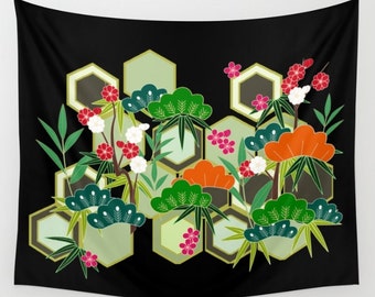 Tropical Tapestry, Black Tapestry, Tropical Wall Hanging, Japanese Tapestry, Modern Decor, Tropical Glam Tapestry, Cherry Blossom Tapestry