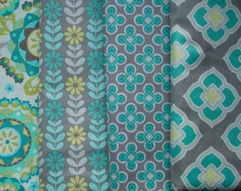 Fat Quarter Bundle Gray, Green, and Turquoise Fabric- 100% Cotton- Apparel Fabric, Crafts- Floral, Geometric, Medallion