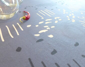 Table cloth rectangular, linen and coton blue, hand printed