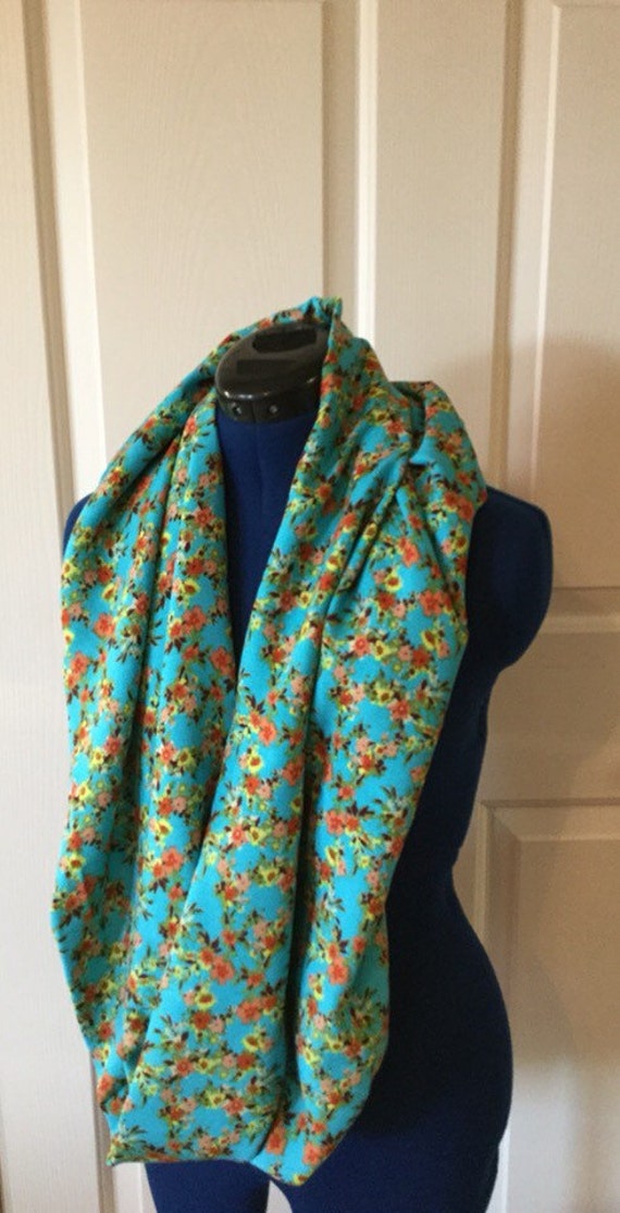 Blue Silky Floral Infinity Scarf