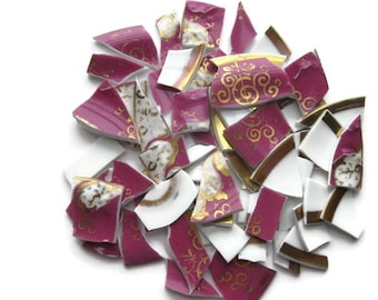 Mosaic tiles- Plum, Gold- Iridescent - Tessera- 68 tiles-Broken Plate #105