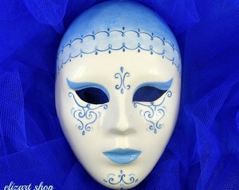 Ceramic mask, venetian mask, pottery mask, wall hanging mask, decorative mask, clay art mask, hand painted mask, blue mask, ceramic face.
