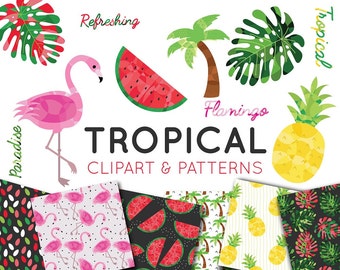 Tropical Clipart Set, Flamingo clipart, Watermelon clipart, Seamless Patterns, Digital Paper, Summer clipart, Pineapple, Commercial Use