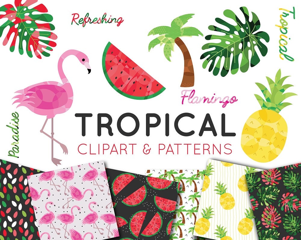 Tropical Clipart Set, Flamingo clipart, Watermelon clipart ...