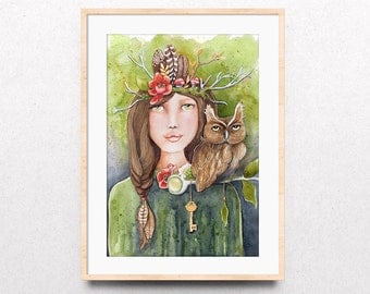 Woodland Watercolor Print, Forest Owl Art Print, Forest Guide Art Print, Forest Friends Art Print, Giclee Watercolor Print, Dorm Wall Art