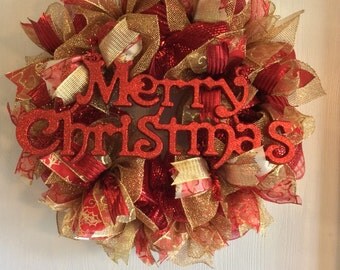 Holiday Wreath-Merry Christmas Wreath-Christmas Wreath-Mesh Wreath