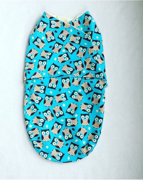 Baby Swaddle Snuggler Velcro Wrap Blue Owl by BabyBunnyNursery