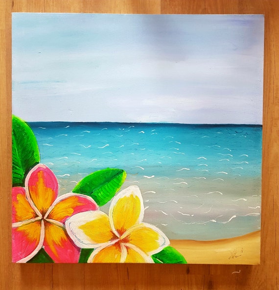 Caribbean Beach Flowers acrylic paint on large canvas