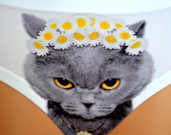 Cat Underwear Gift for her pussycat funny panties Grey Cat with Camomiles Flowers