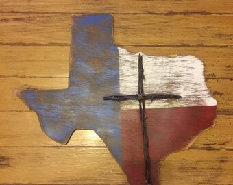 Texas Rustic Wood Plaque with Barbed Wire Cross