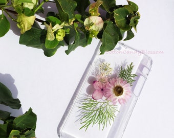 Pink Daisy and Hydrangea, Pressed flower iPhone 7/7 Plus, Real Flower iPhone 7 case, Handmade iPhone case, Clear iPhone case