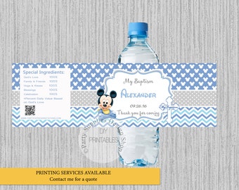 Baby Mickey Mouse Baptism Water Bottle Labels, Mickey Christening Personalized Water Bottle Wrappers, DIY Printables, Mickey Party Supplies