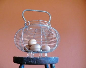 Large Metal Wire Egg Basket, Rustic Handmade Wirework Gathering Basket, French Country Farmhouse Kitchen Decor