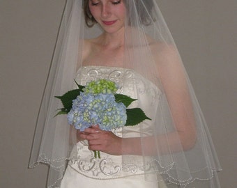 2 Tier Wedding Veil - 30"/34" bridal veil with scalloped beaded edge