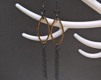 Oxidised silver earrings, black and gold earrings, gold hoops & silver chain earrings, hammered earrings, statement earrings, gift for her