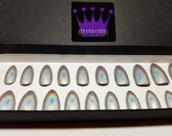 Holographic Silver Stiletto Press On Nails | Holo Nails | Sparkly Nails | Glue On Nails | Fake Nails | False Nails | Drag Queen Nails