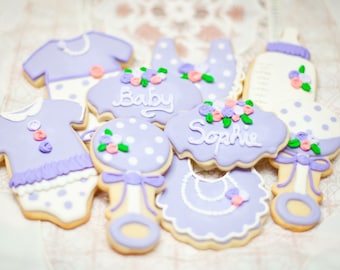 Girl Baby Shower Cookies Purple roses (one dozen)