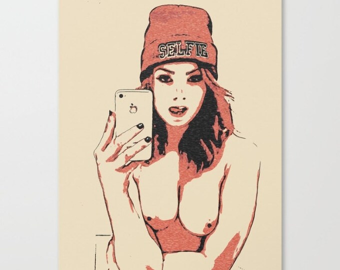 Erotic Art Canvas Print - Naughty Selfie, unique, sexy conte style drawing, red cap selfie girl w/iphone sketch sensual high quality artwork