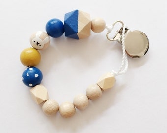 Hand-painted dummy with geometric wooden beads - blue, yellow, rabbit