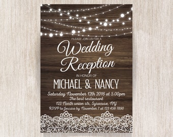 Rustic Wedding Reception Invitation. Wedding Reception Invitation. Fairy Lights. String Lights. Lace Invitation. Wooden background - 1603