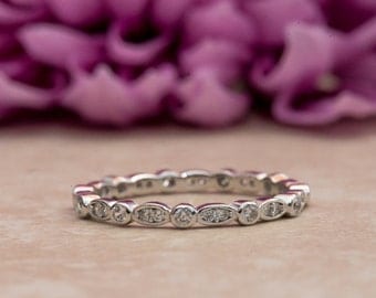 Art Deco Wedding Band, Eternity Band, Stackable Ring, Marquise & Dot Ring, Diamond Simulants, Sterling Silver