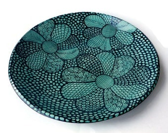 Large Serving Bowl with Doodle Design Turquoise and Black