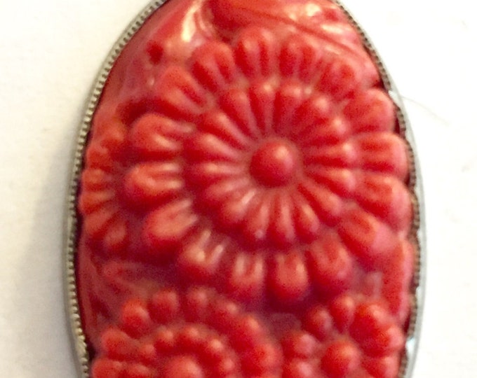 SALE 30% off Rare Antique pendant red glass silver setting Czech etched floral carved oval shape focal statement(1)