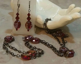 Garnet and Gunmetal Necklace and Earrings
