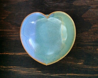 blue/green pottery heart dish - 4 inches