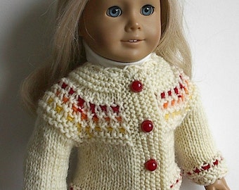 18 Inch Doll Clothes Handknit Cardigan Sweater in Natural with Red Orange Yellow Handmade to fit American Girl and Other Similar 18" Dolls