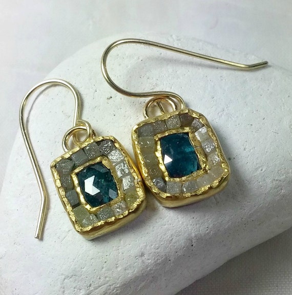 RESERVED FOR M Diamond Dangles Earrings Blue Diamond and raw