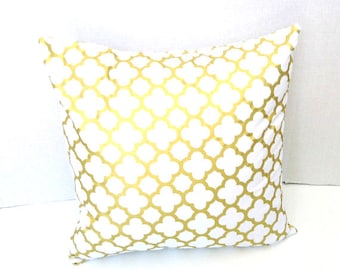 Gold Pillow Cover Metallic Gold Pillow Covers, White Gold Quartrefoil Pillow, Throw Pillow Cushion Cover, Square, Lumbar Pillow, Rectangle