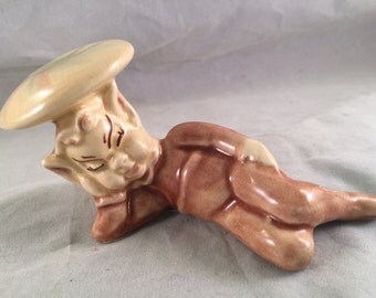 Vintage Brown Pixie Elf Sleeping Under Mushroom