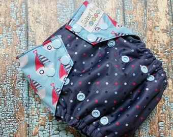One Size AI2 Cloth Diaper Cover Sailboats and Polka Dots
