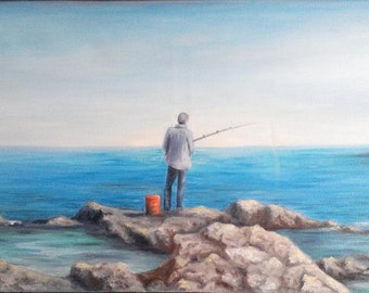 Oil Painting Man Fishing Seascape Ocean Rocks Original 12" x 24" READY to SHIP