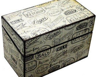 Wood Recipe Box Cream and Black Cooking Words Retro Fits 4x6 Recipe Cards