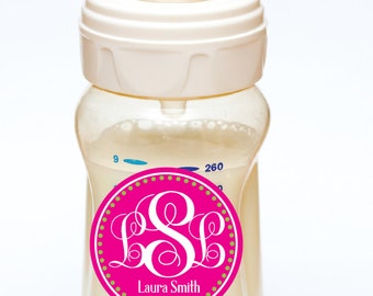 waterproof baby bottle labels, personalized monogram bottle stickers, dishwasher safe daycare labels, girl southern preppy, set of 20
