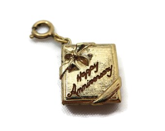 Gold Book Locket Charm - Gold Tone, Monet, Happy Anniversary, Costume Jewelry