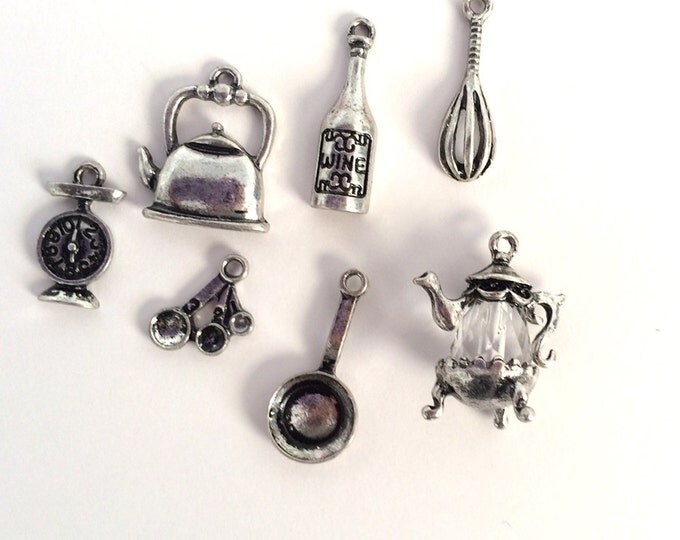 Set of Food Cooking Kitchen Themed Charms Antique Silver-tone