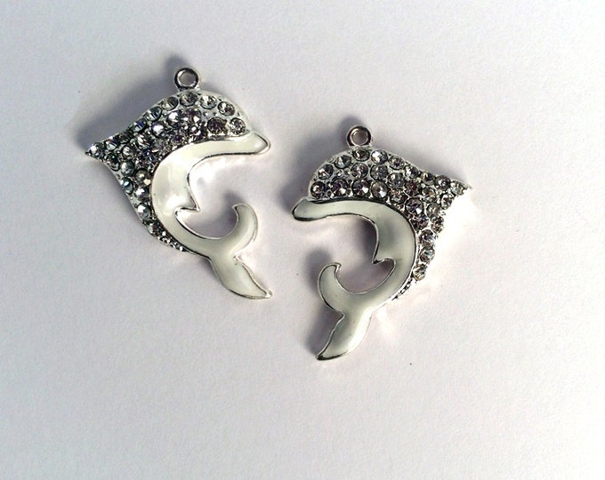 Pair of White Dolphin Charms Rhinestones Silver-tone