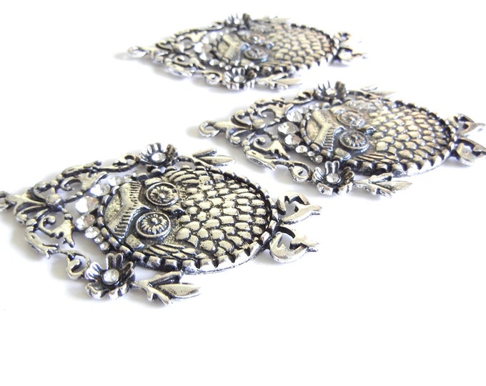 Set of 3 Large Owl Bird Pendants Antique Silver-tone Rhinestone