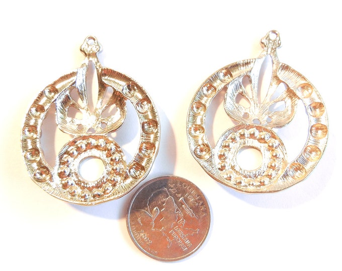 Pair of Gold-tone Round Decorative Drops with Rhinestones and Acrylic Gray Gem Accent