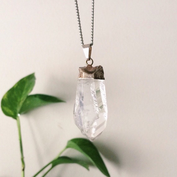 Quartz Crystal Necklace. Silver Dipped Stone