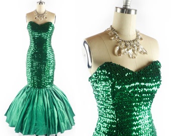 Vintage 80s MERMAID Prom Dress // Sequin Dress // Mermaid Dress // 1980s Prom Dress // Glamor Prom Gown - sz S - 27 Inch Waist