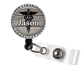 Men's Medical ID Badge Reel, RN ID Holder, Caduceus Id Badge