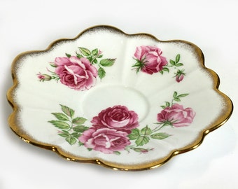 Vintage Rosina Saucer, Pink Roses, Scalloped Rim, Fluted Sides, Bone China, Made in England